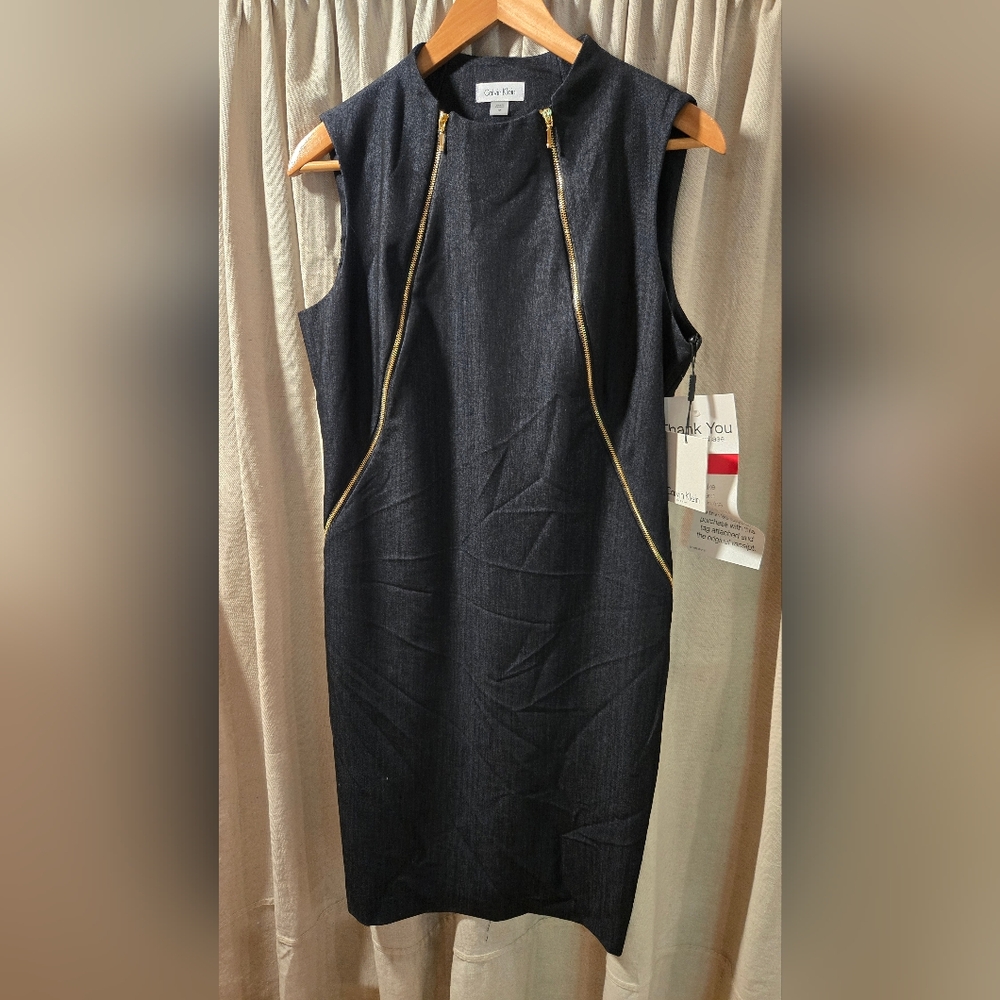 Elegant Denim Midi Shift Dress with Gold Accents